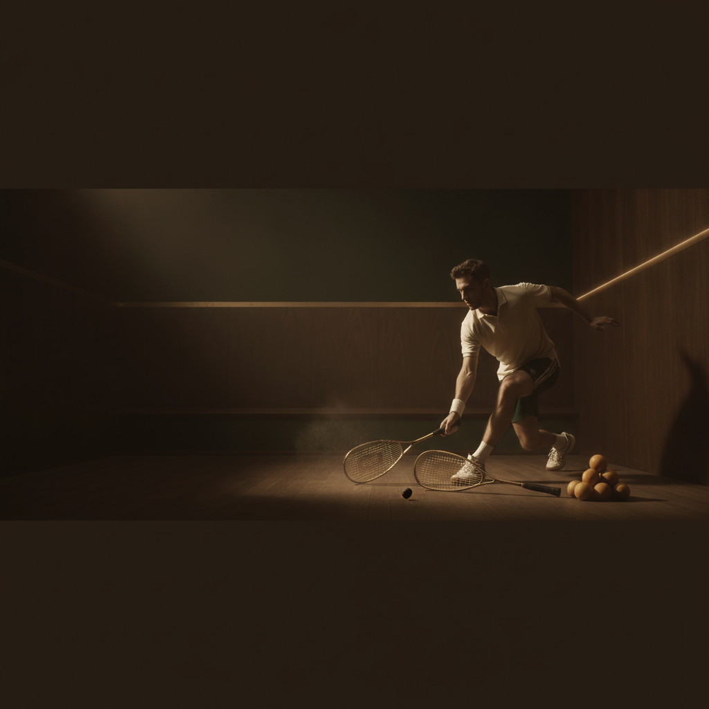 Heritage glass squash court under warm gallery lighting